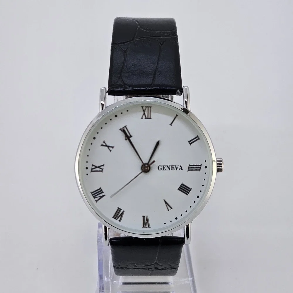 Men Analog Watch 38MM Roman Numerals White Dial Black Leather Bands New Battery